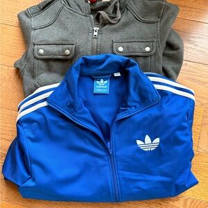 2 set Bundle, Adidas Blue Track Jacket with White Stripes and Gray Hoodie, S